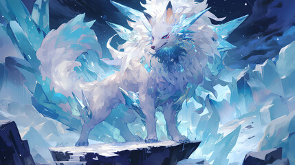 a cute fox monster, body covered with crystals
