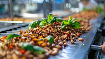 Modern food plant production line with a close-up of fried insects, clean and precise process, emphasizing hygiene standards