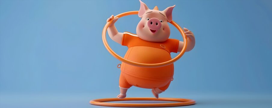 Chubby Cartoon Pig Hula Hooping with Oversized Hoop in Orange Sportswear