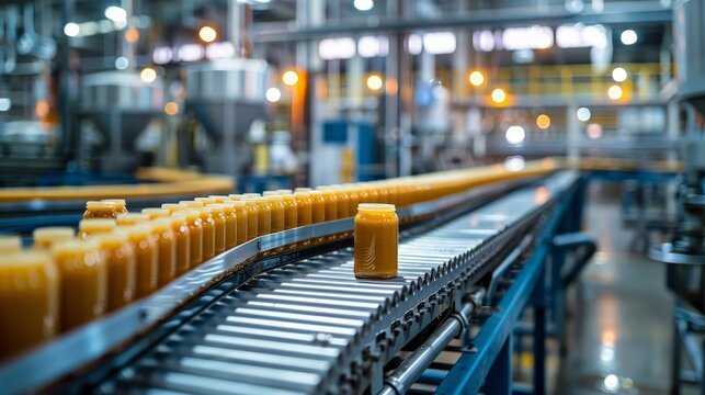 Modern food plant's peanut butter production line, detailed and clean, emphasizing the sophisticated manufacturing process