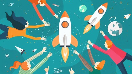 Startup team celebrating a milestone, cartoon drawing, top view