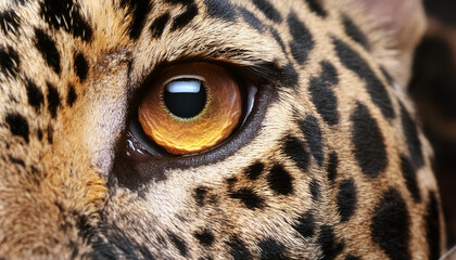 A macro shot of the eyes of a leopard