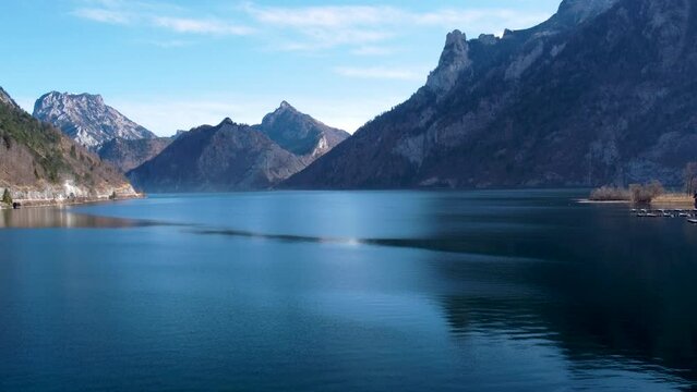 Wonderful view of Lake Traunsee with Traunstein mountain backdrop, sunny day, serene