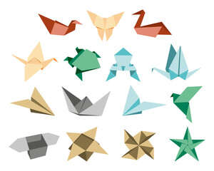 Origami Folded Paper Shapes: Bird, Crane, frog, butterfly, box, tulip. Flat Illustration Set Collection. Black silhouette icon