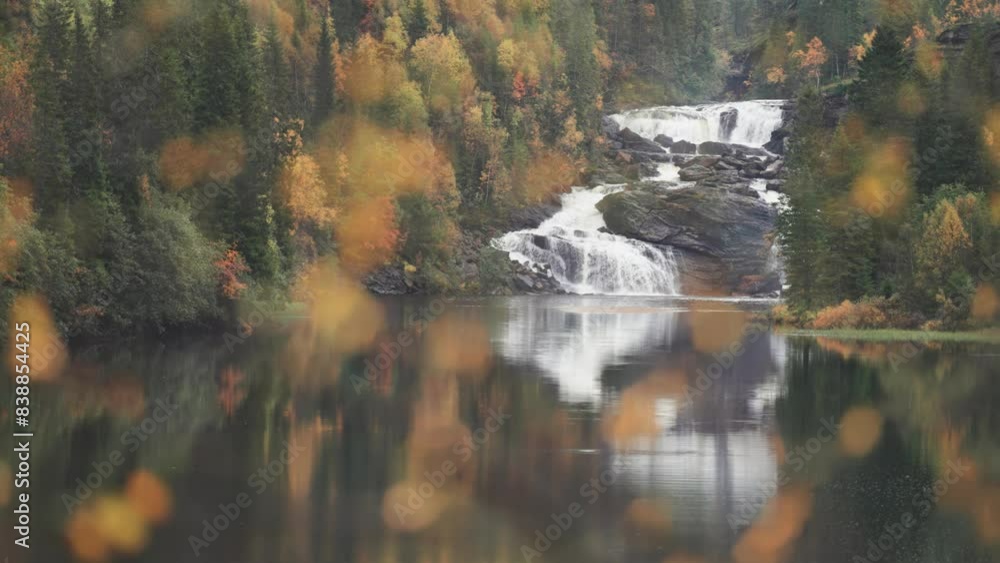 Poster a waterfall in the autumn forest reflected in the still waters of the lake. parallax video.