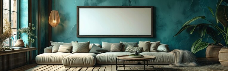 A blank picture frame mockup hangs on a teal wall in a living room with a sectional sofa and a wooden coffee table