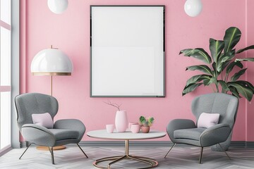 Pink living room wall background, with gray decorative chairs, lamp frame center table and poster style. HD, realistic, copy space. Generative ai