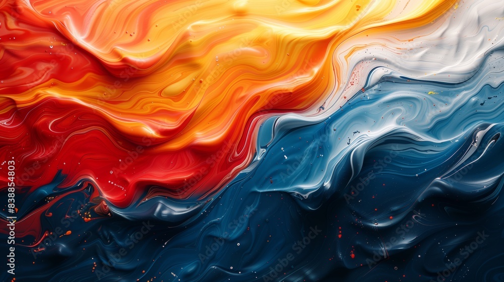 Poster a vibrant, abstract painting featuring a wave-like rainbow color gradient, flowing dynamically acros