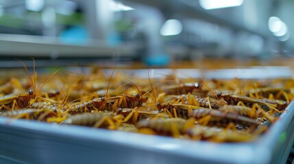 High-tech food plant showing a close-up of fried insects on a production line, focusing on cleanliness and modern processing methods