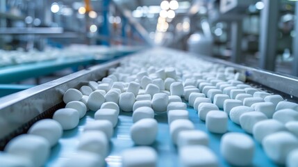 Obraz premium High-resolution image of marshmallow production line, modern food plant with clean processes, close-up view