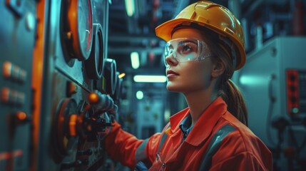 Factory Worker Operates Machine