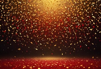 Background with falling particles of red gold glitter. Rain of red confetti, magic light, golden glitter, glamour. Valentine's day background. Seamless loop
