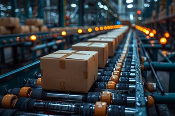 Fototapeta premium motion of multiple cardboard box packages gliding along a conveyor belt in a bustling warehouse fulfillment center, capturing the essence of e-commerce