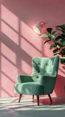 A green armchair sits in a room with a pink wall, a lamp, and a plant. Sunlight streams in through a window, casting shadows on the wall and chair