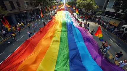 Obraz premium A large rainbow flag is carried in the style of thousands of people gay parade. Generative AI.