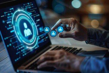 A business person uses a laptop to create target audience ICONS,Digital marketing online, CRM, Data exchanges development and customer service.