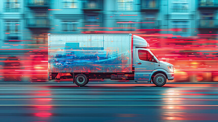Efficient Urban Delivery Truck Speeding Through City Streets With Blurred Lights – Ai Generated