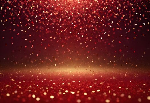 Background with falling particles of red gold glitter. Rain of red confetti, magic light, golden glitter, glamour. Valentine's Day background. Seamless loop