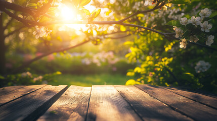Naklejka na ściany i meble a tranquil spring garden, rich with emerald leaves and colorful blossoms, the gentle sunlight filters through the branches, casting dappled shadows on the ground, a solitary wooden table