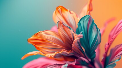 Fototapeta premium Floral card with exotic lily flower, orange pink petals against turquoise green and orange watercolour. background. 