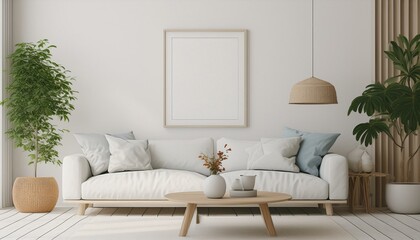 Mockup frame in white simple living room, 3D render