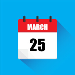Calendar icon. March 25 date. Red and white. Blue background.