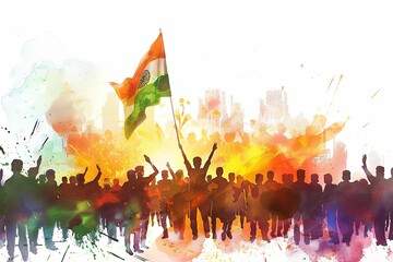 vibrant watercolor painting of a crowd of people of all ages and ethnicities, marching together and waving Indian flags