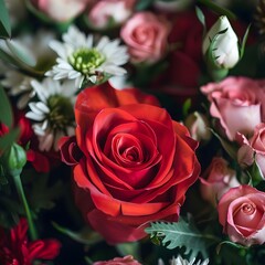 bouquet of red and pink white roses with leaves on dark background Generative AI 