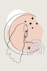 Card or poster with one single line drawing of female face and abstract shapes. Monochrome celestial minimalist portrait. Modern trendy fashion sketch of woman figure and moon