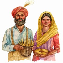 Obraz premium A traditional Indian couple, the man holding a basket of wheat and the woman holding mangoes.