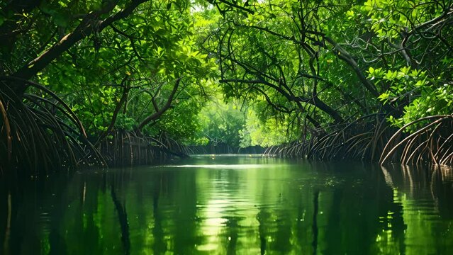 A serene mangrove forest with lush greenery and water pathways