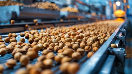 Obraz premium Detailed image of a golden nut moving through a production line, captured in a state-of-the-art food plant with spotless surroundings