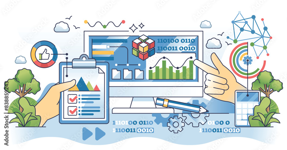 Poster data analytics consulting for information research outline hands concept. dashboard with graphics, d