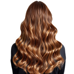 Fototapeta premium Portrait of a girl with shinny balayage curly long hair. Back view. Isolated on white background.