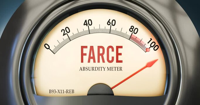 Farce and Absurdity meter that is in full, hitting the end of the scale, showing an extremely high level of farce, overload of it, too much of it. Maximum value, off the charts.