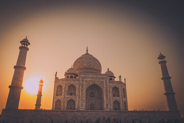 Scenic view of the iconic Taj Mahal, a wonder of the world, in Agra, India, at sunset