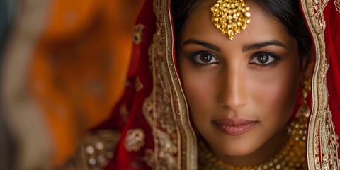 An exquisite Indian woman adorned in traditional attire and jewelry.