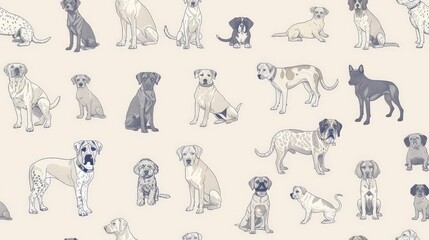 Elegant line art of various dog breeds, arranged in a repeating pattern for fabric or wallpaper seamless pattern