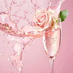 pink rose and champagne with green leaf on pink background Generative AI 