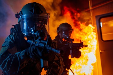 Professional Photography of security personnel undergoing fire safety and evacuation procedure training, Generative AI