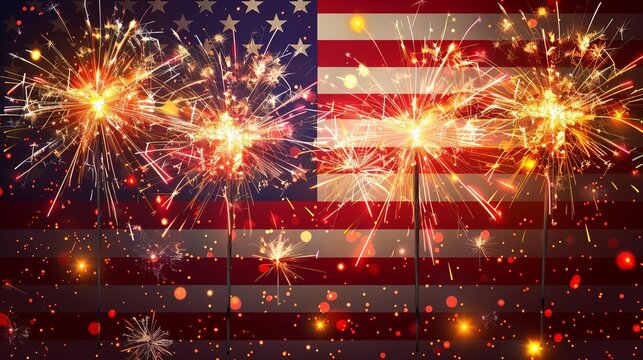 Sparkling fireworks with American flag background. Perfect image for Independence Day celebration and patriotic events.