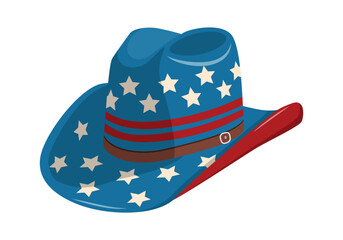 Cowboy hat in stars and stripes illustration for Independence day. Isolated on white background. Patriotic wear