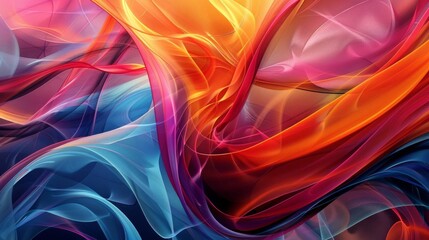 Vibrant abstract artwork with dynamic colorful waves and fluid shapes, creating a mesmerizing visual experience with red, orange, and blue hues.
