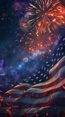 Vibrant American flag and colorful fireworks celebrating Independence Day with stars and night sky background.