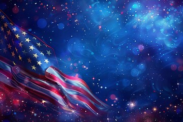 Vibrant American flag on a starry, cosmic background, symbolizing freedom, patriotism, and the spirit of the USA.