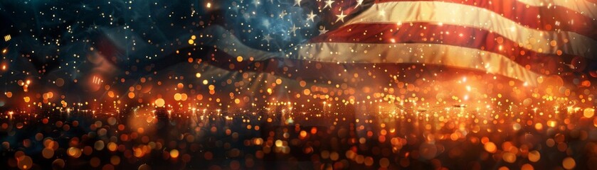 Vibrant American flag with festive bokeh lights, representing patriotism and celebration, ideal for patriotic and festive themes.