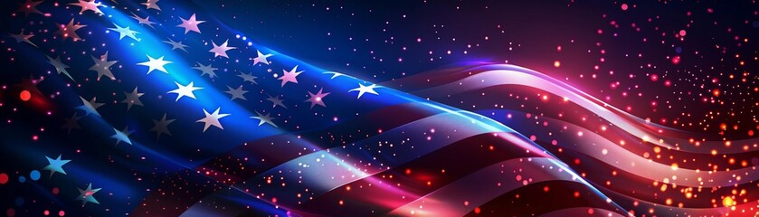 Vibrant American flag background with glimmering stars and stripes in red, white, and blue, evoking patriotism and celebration.