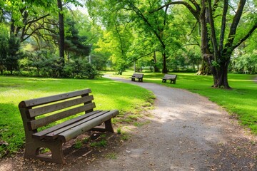 Fototapeta premium Tranquil Urban Oasis: Beautiful Park with Walking Trail and Relaxing Benches