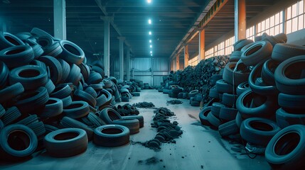 Landfill with old tires and tyres for recycling. Reuse of the waste rubber tyres.
