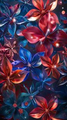 Vibrant floral pattern featuring red and blue flowers with a dark background, perfect for background, wallpaper, or textile design.